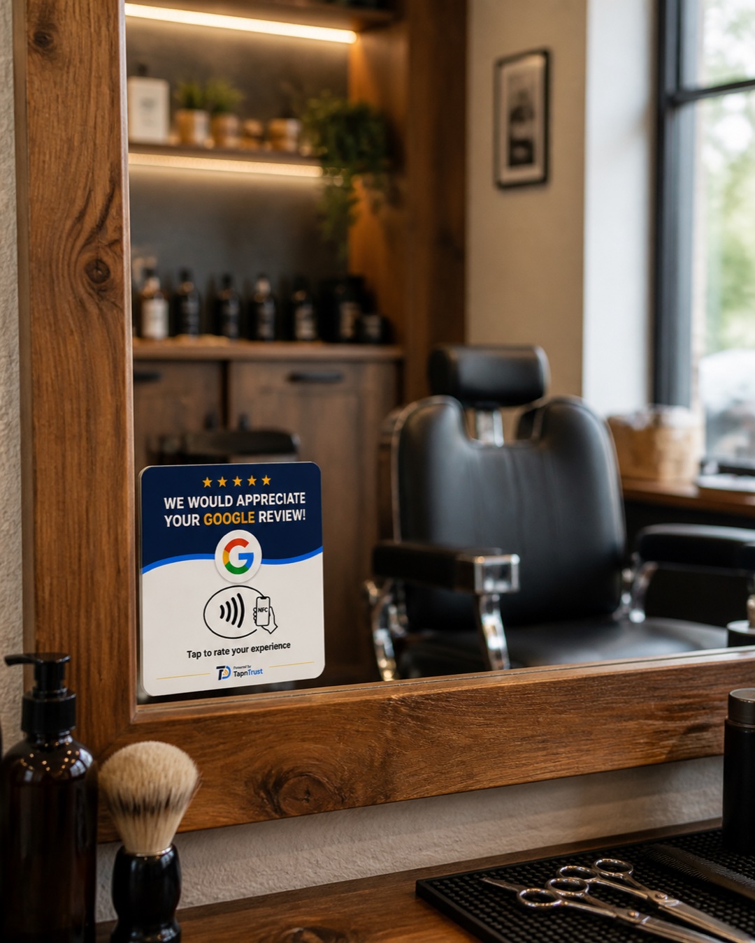 TapNTrust review card adhered beside a barbershop mirror