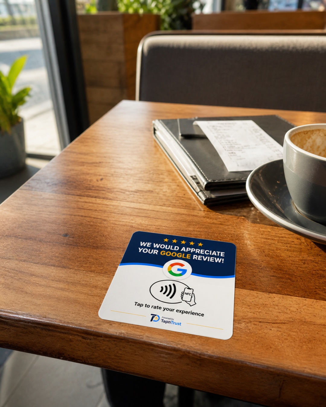 TapNTrust review card adhered flat on a restaurant table near the bill