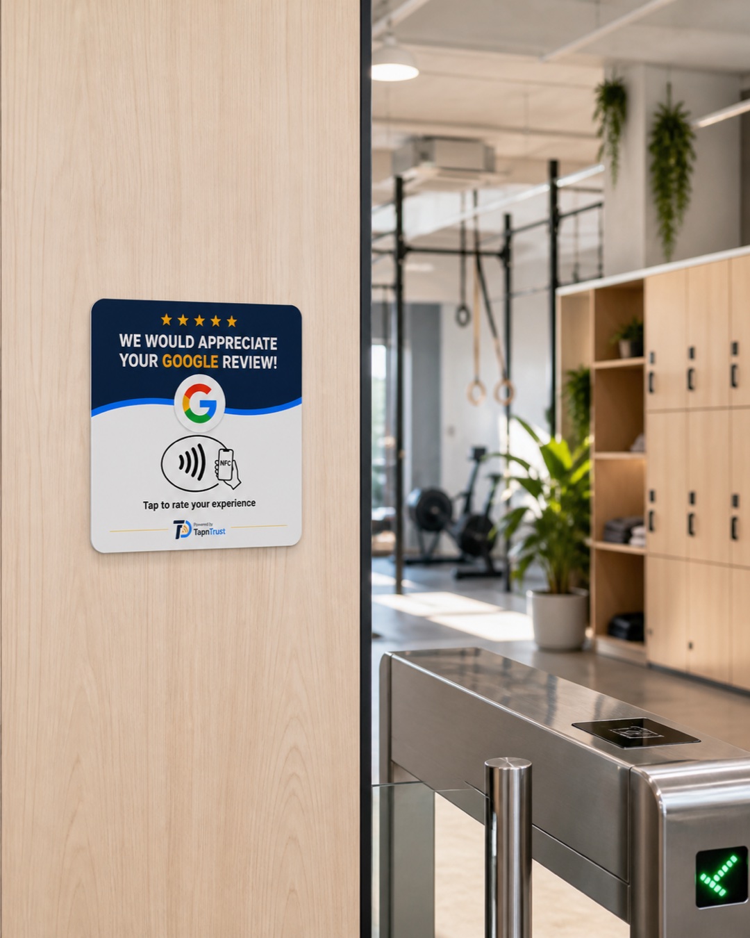 TapNTrust review card adhered near a gym entry gate and lockers