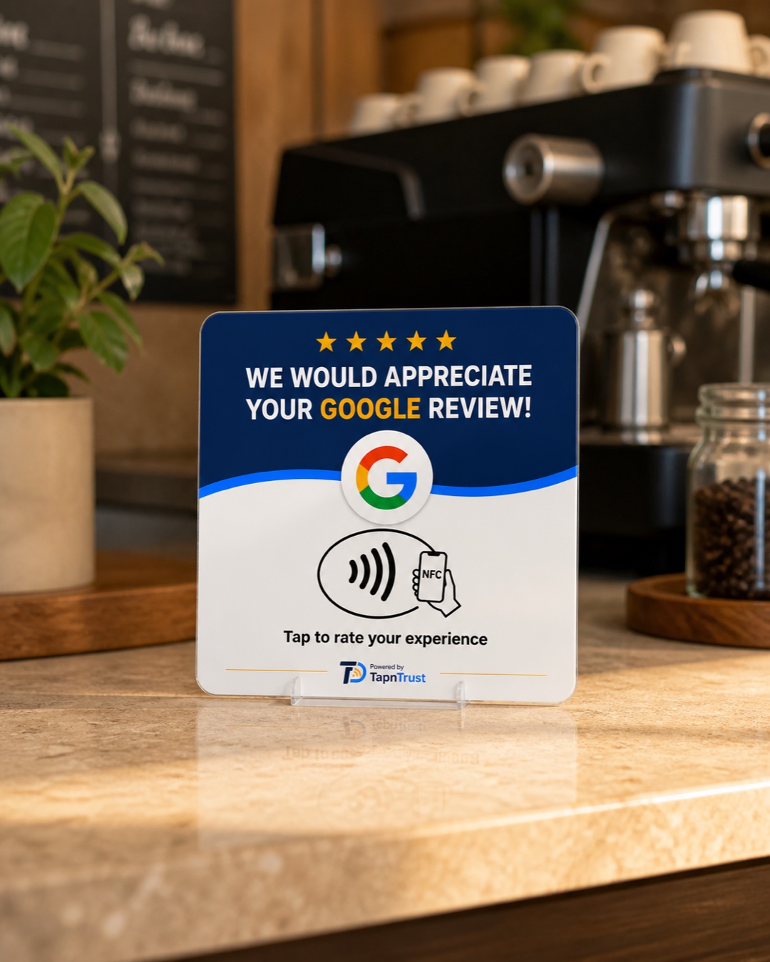TapNTrust review card displayed upright in the optional acrylic stand on a café counter
