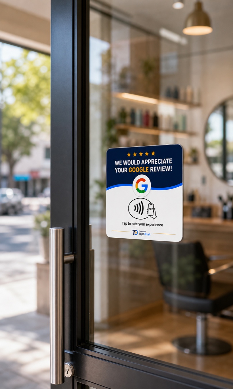 TapNTrust review card adhered to a glass business entrance beside the door handle