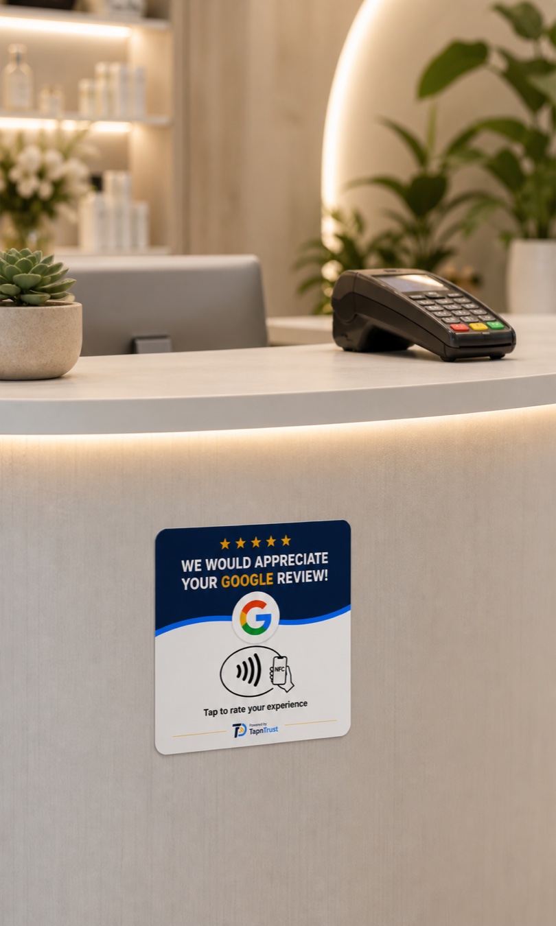TapNTrust review card adhered to the customer-facing panel of a reception desk near the payment terminal