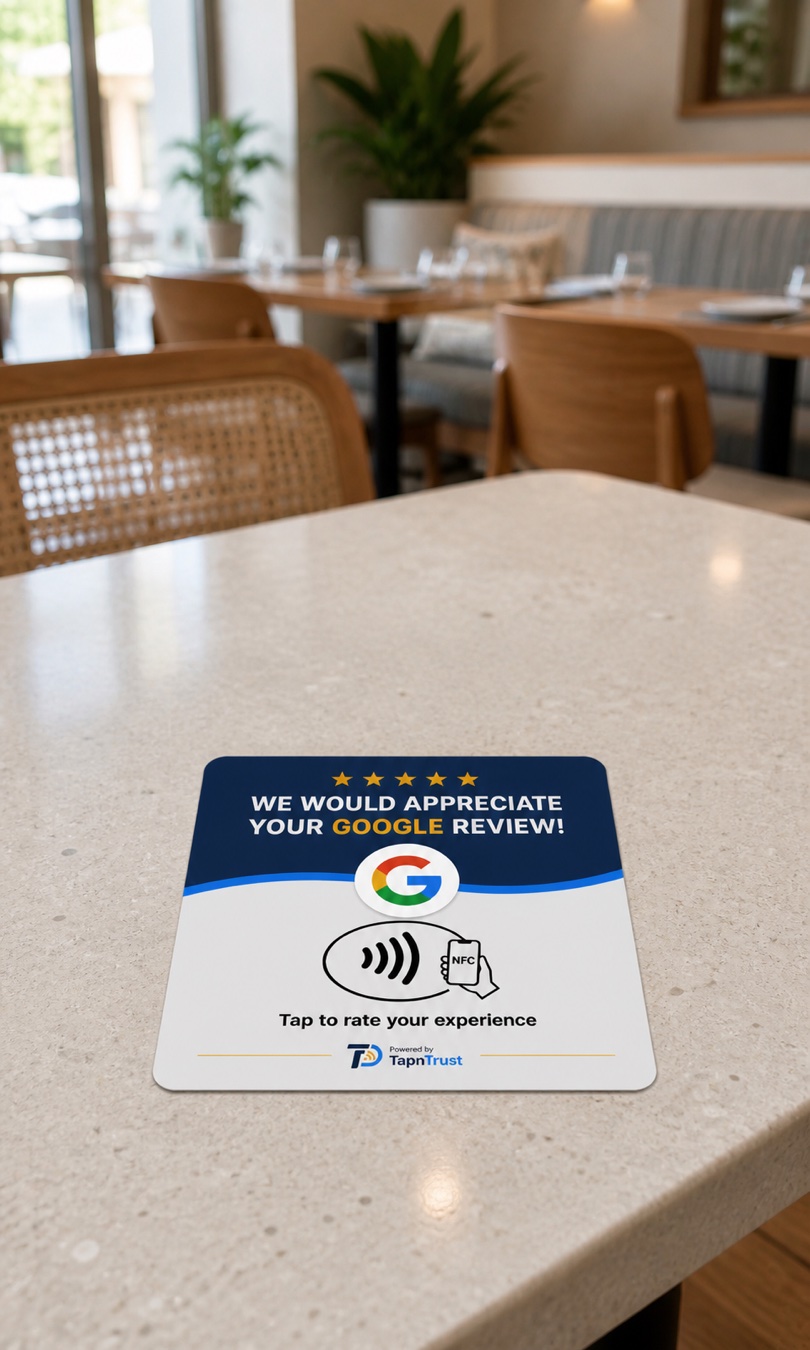 Tapntrust review card neatly aligned and adhered flat to a restaurant dining table