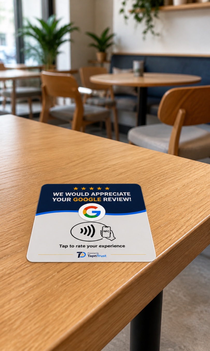 TapNTrust review card adhered flat to a café dining table