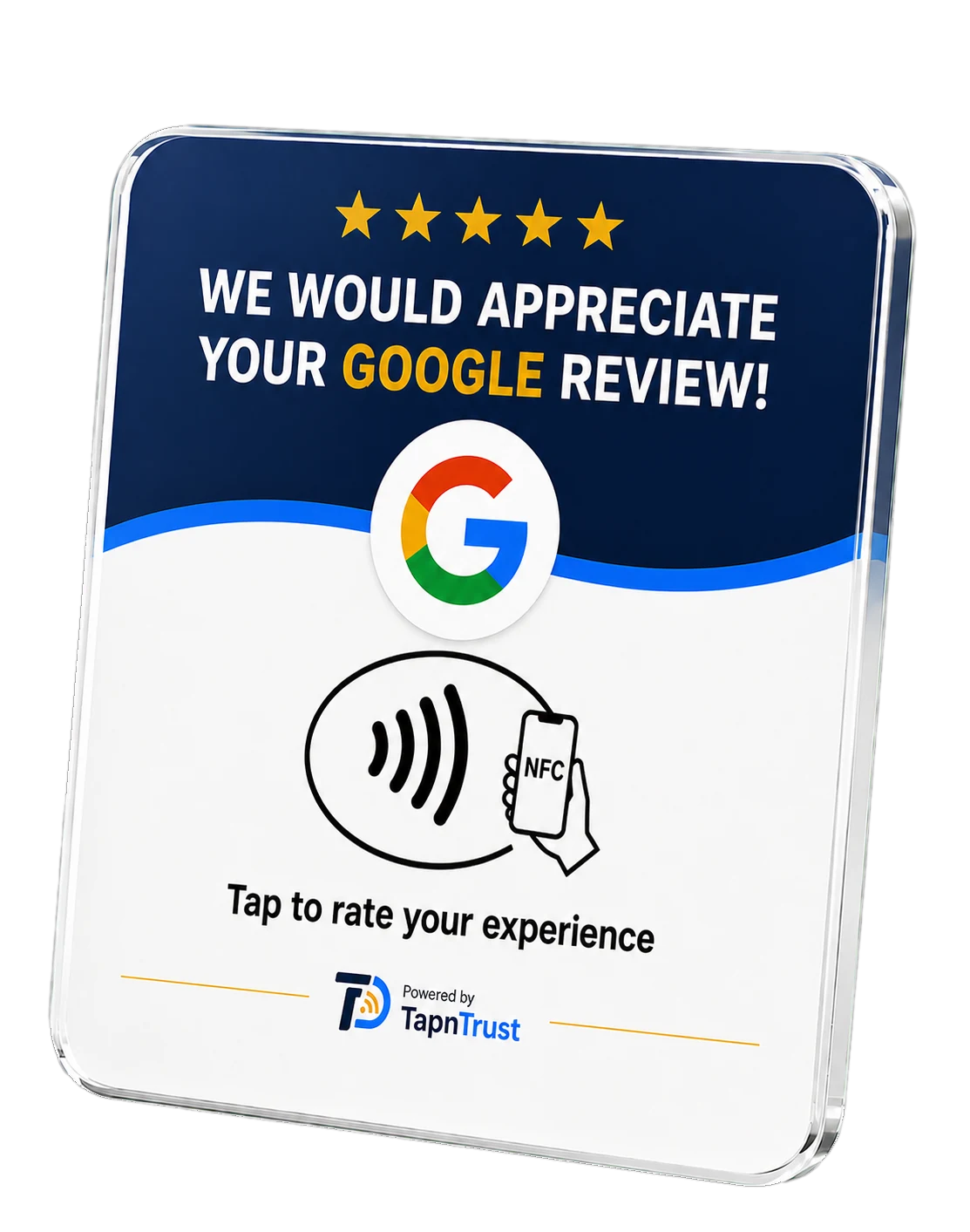 TapNTrust NFC Review Card showing five stars, Google review wording, a tap-to-rate prompt and TapNTrust branding